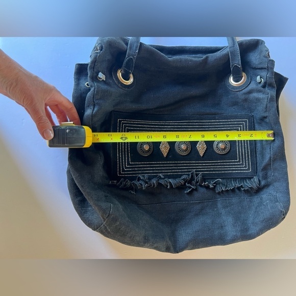 White Elephant Florence Italy linen canvas black fringe beaded tote aztec hippie - Picture 15 of 15